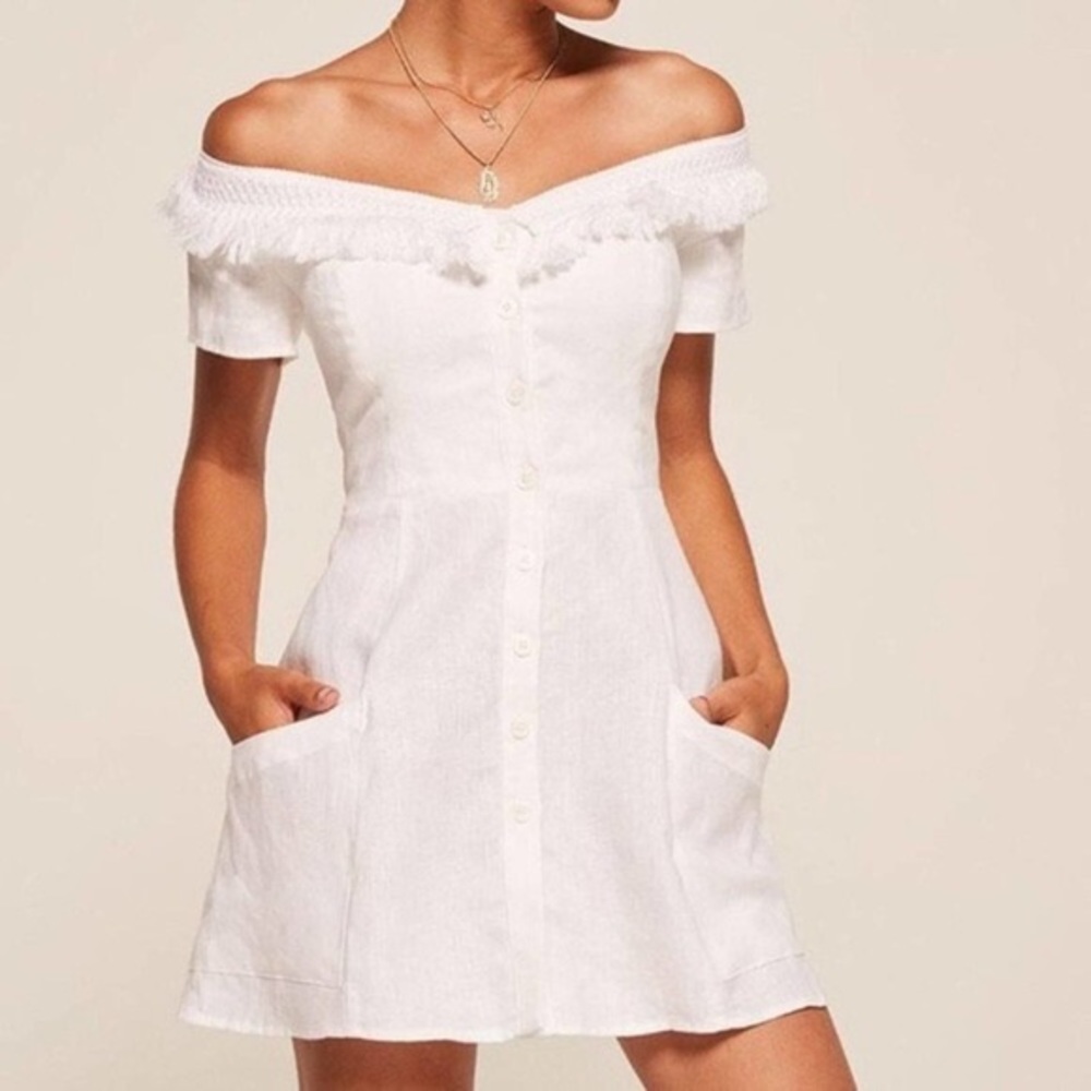 Reformation Monkey Dress, Off-Shoulder, 100% Linen